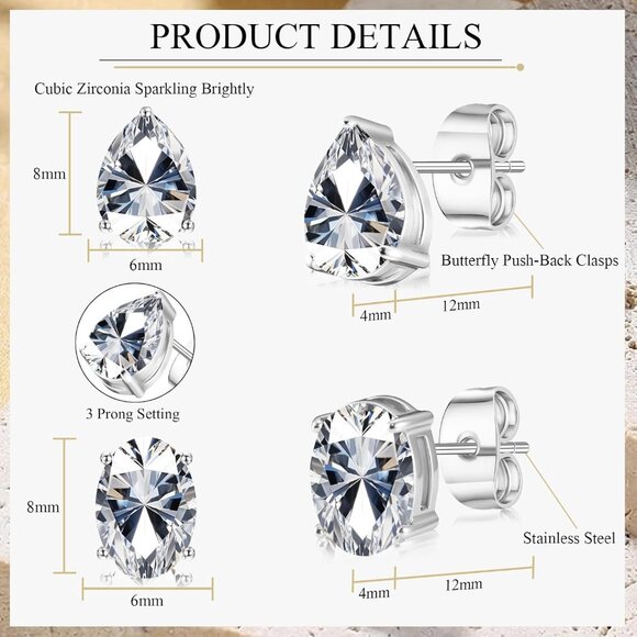 Hypoallergenic 316L Stainless Steel Stud Earrings Set with Cubic Zirconia - 2 Pa - Picture 4 of 7